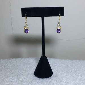 Costume Dangling Earrings with Purple and Clear Rhinestones in Goldtone